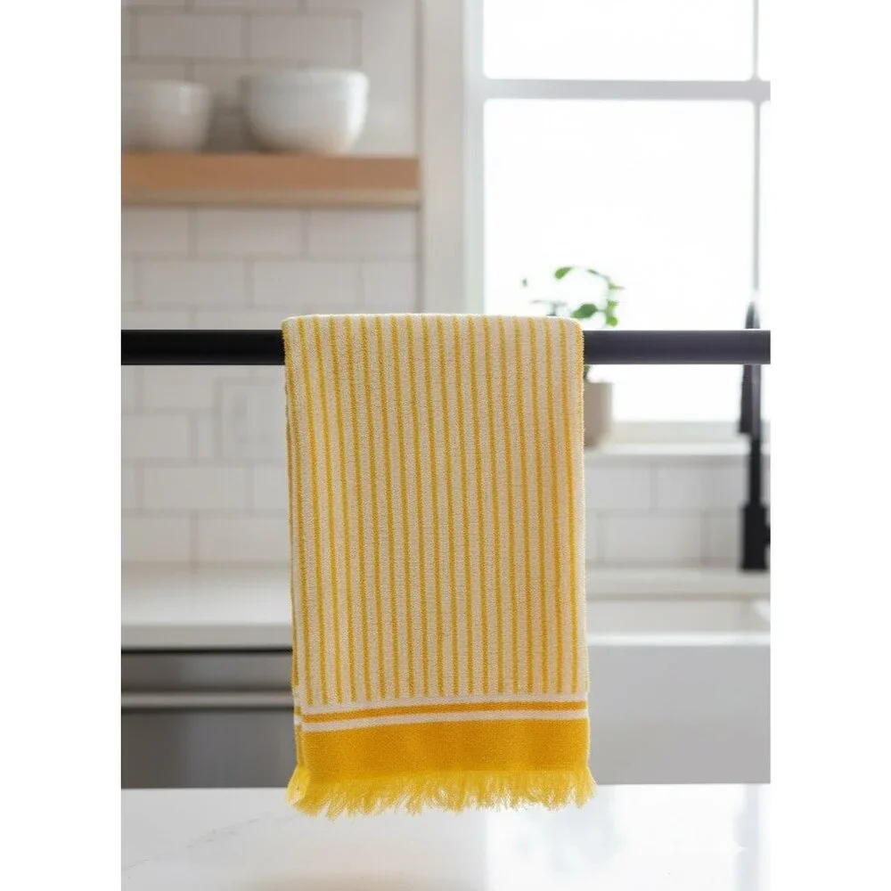 VTG Fieldcrest Hand Towel Yellow White Striped Fringe MCM Retro 70s 80s USA